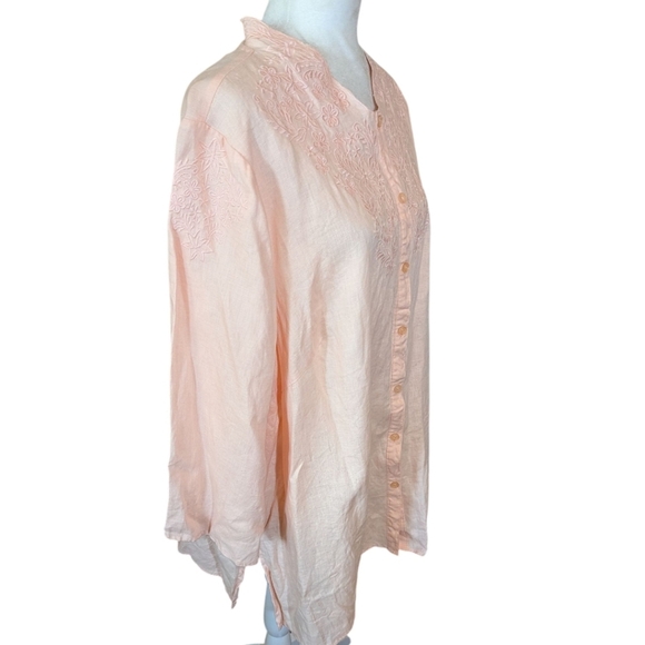 Peach Linen Tunic Lucy & Laurel Embroidered Button Up Flowy Blouse sz 3X - Picture 6 of 8